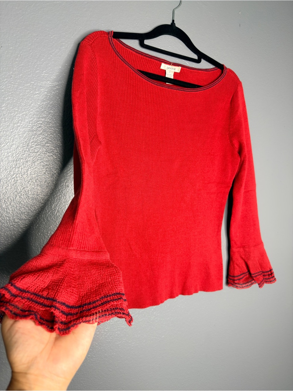 Tyler Boe Cotton Blend Red Knit Top with Ruffled Bell Sleeves 90’s Y2K Small